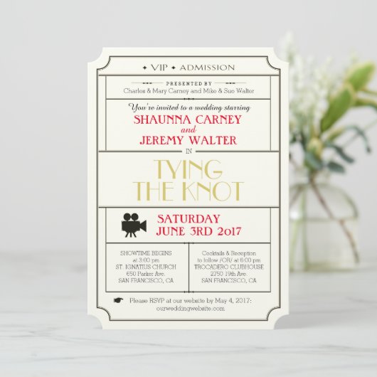 Vintage Wedding Ticket Uitnodiging/Filmthema Kaart (Staand voorkant)