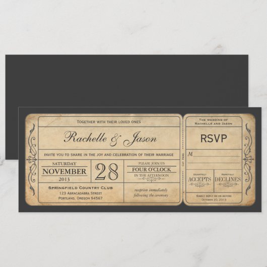 Vintage Wedding Ticket Uitnodiging met RSVP (Voorkant / Achterkant)