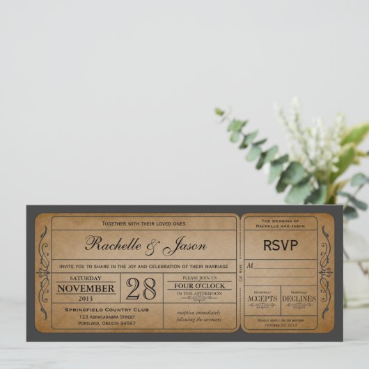Vintage Wedding Ticket Uitnodiging met RSVP (Staand voorkant)