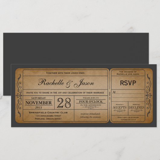 Vintage Wedding Ticket Uitnodiging met RSVP (Voorkant / Achterkant)