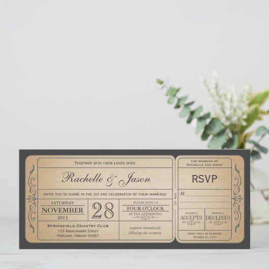 Vintage Wedding Ticket Uitnodiging met RSVP (Staand voorkant)