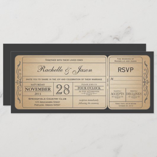 Vintage Wedding Ticket Uitnodiging met RSVP (Voorkant / Achterkant)