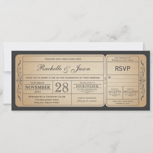 Vintage Wedding Ticket Uitnodiging met RSVP (Voorkant)