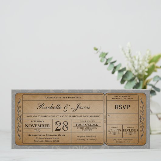 Vintage Wedding Ticket Uitnodiging met RSVP (Staand voorkant)