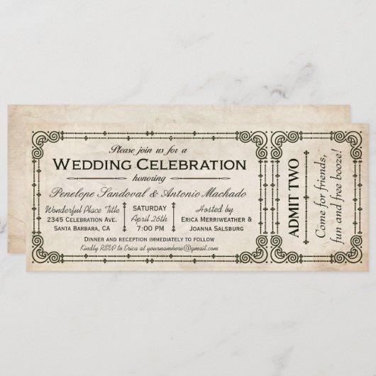 Vintage Wedding Ticket Uitnodigingen I (Voorkant / Achterkant)