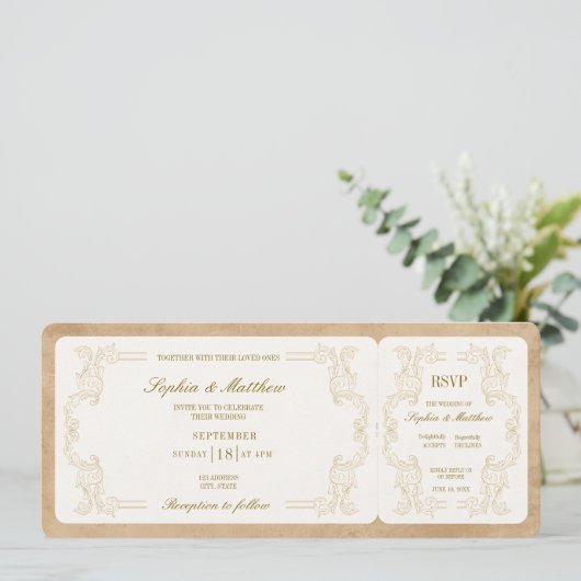 Vintage Wedding Ticket with RSVP  Kaart (Staand voorkant)