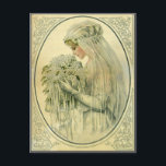 Vintage Wedding, Victoriaans Bride Bridal-portret Briefkaart<br><div class="desc">illustratie Victoriaans bruiloft afbeelding met een profielbrudal portret. De mooie bruid is gekleed in een antiek trouwjurk met een sluier en met een bloemige bruiloft van roomkleurige bloemen.</div>