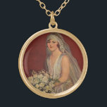 Vintage Wedding, Victoriaans Bride Bridal-portret Goud Vergulden Ketting<br><div class="desc">illustratie: liefde en romance bruiloft afbeelding met een bruid in haar trouwjurk en veil die haar trouwboeket met witte bloemen vasthoudt voor een portret.</div>