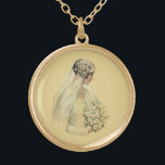 Vintage Wedding, Victoriaans Bride Bridal-portret Goud Vergulden Ketting<br><div class="desc">illustratie Victoriaans trouwportretontwerp met de bride in profiel. De mooie bruid zit in haar trouwjurk met een sluier met een bruidsbouquet van witte bloemen.</div>