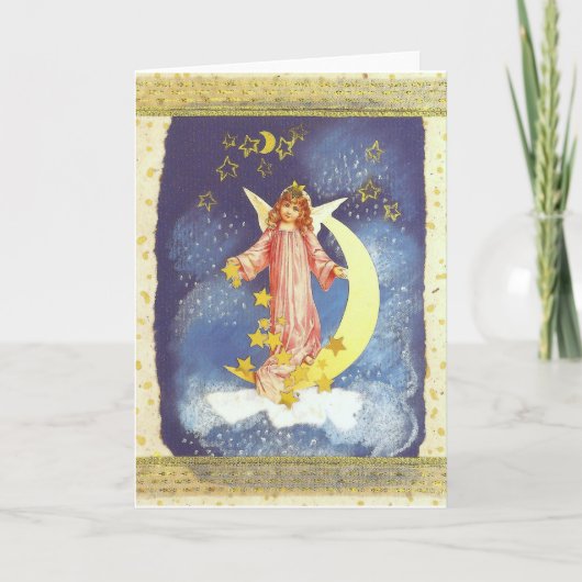 Vintage-Weihnachts-Engel mit Halbmond in blau Feestdagen Kaart (Voorkant)