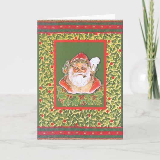 "Vintage-Weihnachtsmann mit Ilex", rot-grün Feestdagen Kaart (Voorkant)
