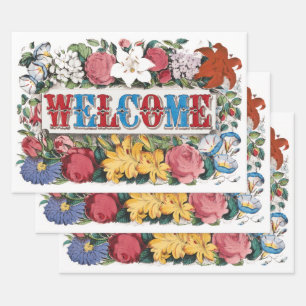 Vintage WELCOME Bloemen Housewarming Party Inpakpapier Vel