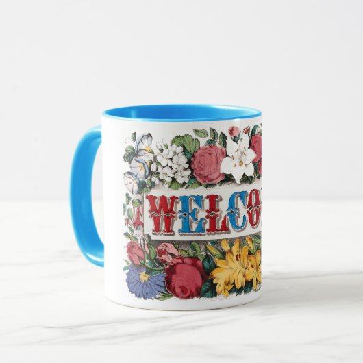 Vintage WELCOME Bloemen Housewarming Party Mok (Voorkant links)