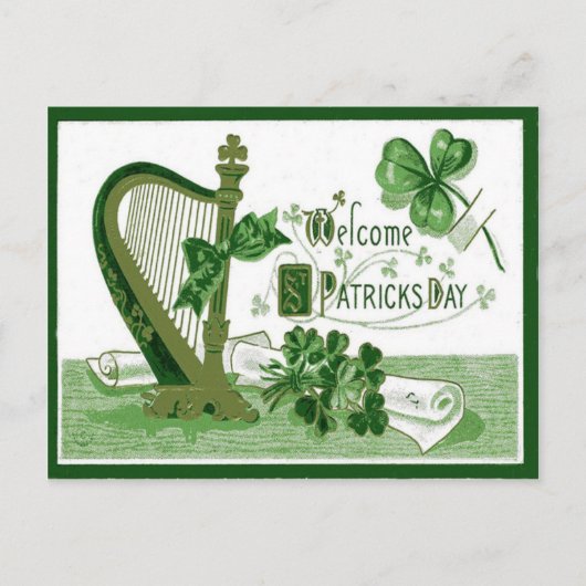 Vintage Welcome Shamrock Harp St Patrick's Day Briefkaart (Voorkant)