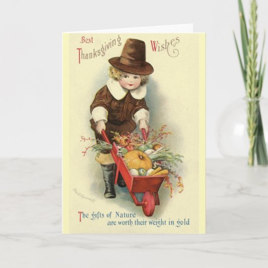 Vintage Wenskaart Thanksgiving Pilgrim Feestdagen Kaart (Voorkant)