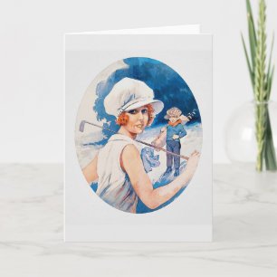Vintage Wenskaart Waterverf Golfer Feestdagen Kaart