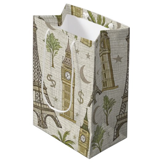 Vintage Wereld Landmarks Reis Schets (2) Medium Cadeauzakje (Voorkant Gekanteld)