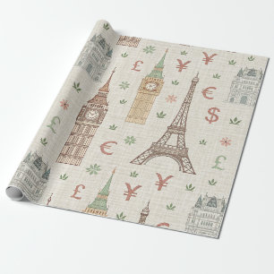Vintage Wereld Landmarks Reis Schets Cadeaupapier