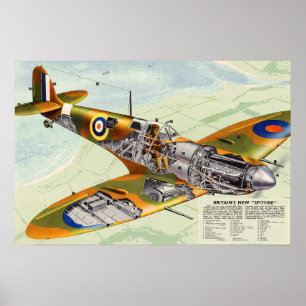 Vintage Wereld Oorlog 2 Britse Spitfire Vliegtuig  Poster