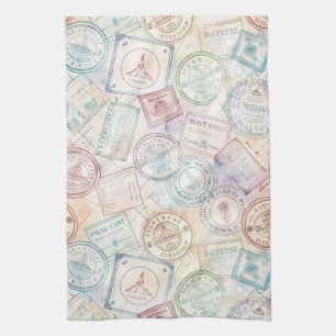 Vintage Wereld Reis Stempel Patroon (8) Theedoek