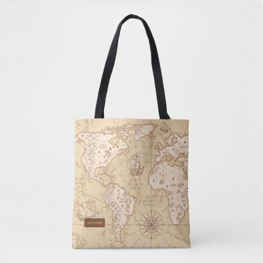 Vintage Wereldkaart met Naam Tote Bag (Voorkant)