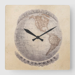 Vintage Wereldkaart Western Wereldbol Hemisphere 1 Vierkante Klok