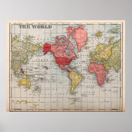 Vintage Wereldkaartposter met focus op VS Poster