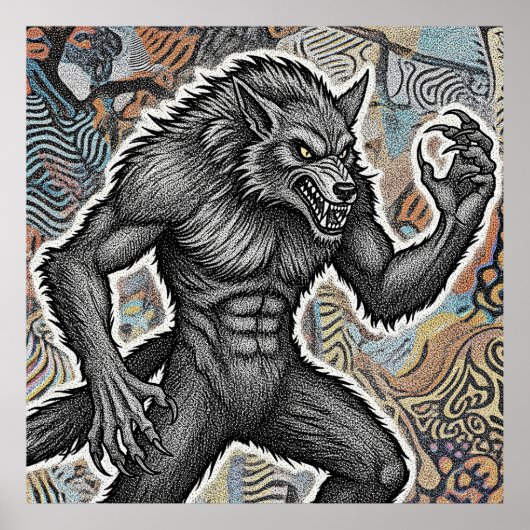 Vintage Werewolf Illustration Fierce Gothic Wolf Poster (Voorkant)
