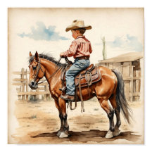 Vintage Western Art Bruine Jongen op Paard