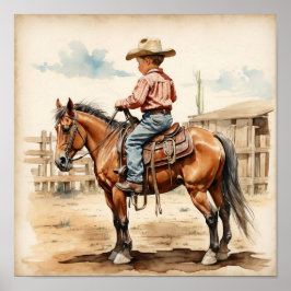 Vintage Western Art Bruine Jongen op Paard Poster