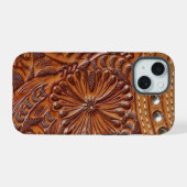 vintage western country patroon met studs leren iPhone 15 case (Achterkant horizontaal)