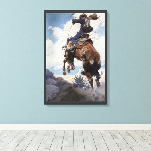 Vintage Western Cowboys, Bucking door NC Wyeth Canvas Afdruk (Insitu (Houten vloer))