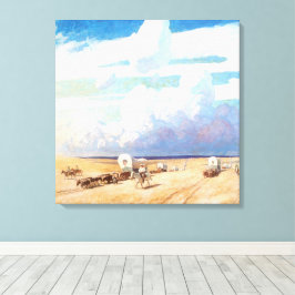 Vintage western cowboys, overdekte wagens door Wye Canvas Afdruk