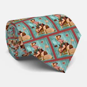 Vintage Western Cowgirl Op Houten Paard LG print Stropdas