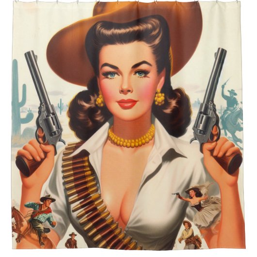 Vintage Western Pin-up Douchegordijn (Voorkant)