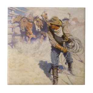 Vintage Westerne Cowboys, in Corral door NC Wyeth Tegeltje