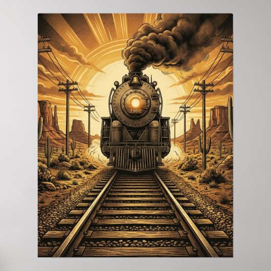 Vintage Westerse Stoomtreinlocomotief Woestijn Poster (Voorkant)