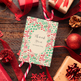 Vintage Whimsical Roze Rendier, Kerstpatroon Bedankkaart