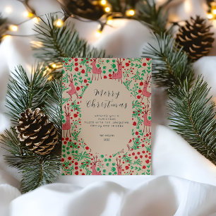 Vintage Whimsical Roze Rendier, Kerstpatroon Briefkaart