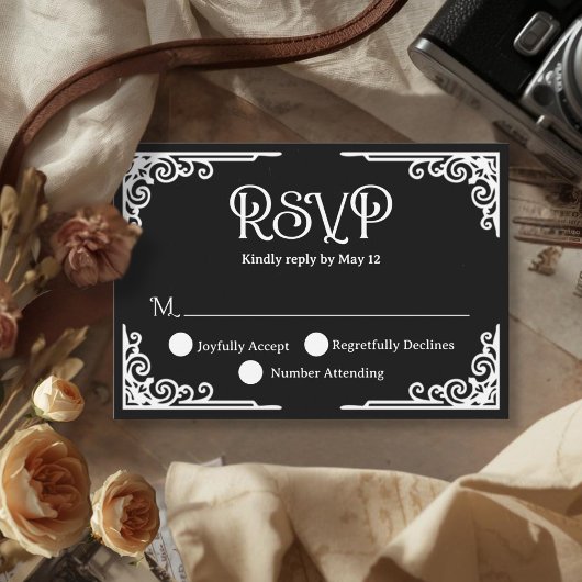  Vintage White Black Wedding  RSVP Kaartje