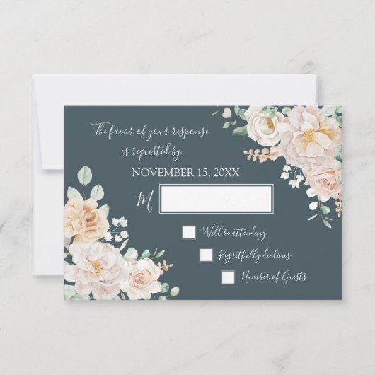 Vintage White Floral Navy Blue Wedding RSVP (Voorkant)