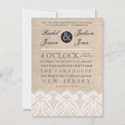 Vintage White Lace & Burlap Wedding Invitation Kaart (Voorkant)