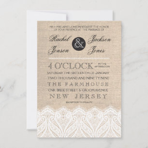 Vintage White Lace & Burlap Wedding Invitation Kaart