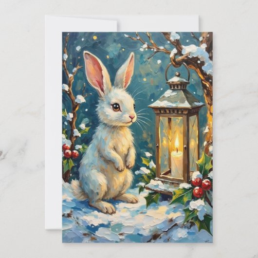 Vintage White Rabbit with Christmas Lantern Feestdagenkaart (Voorkant)