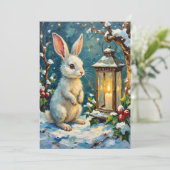 Vintage White Rabbit with Christmas Lantern Feestdagenkaart (Staand voorkant)