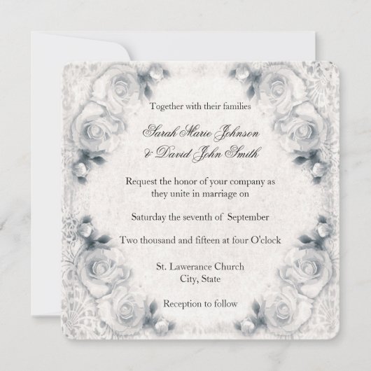 Vintage White Rose Wedding Invitation Kaart (Voorkant)