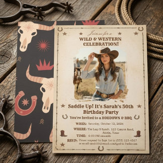 Vintage Wild West Cowgirl Foto Verjaardagsfeest Kaart