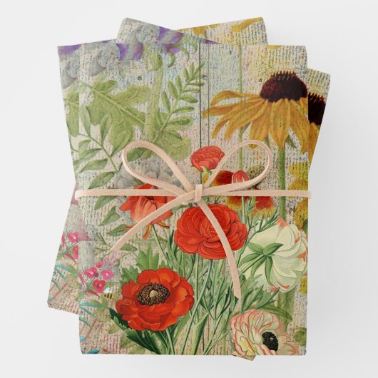 Vintage Wildbloemen Natuur Botanische collage Inpakpapier Vel (In situ)