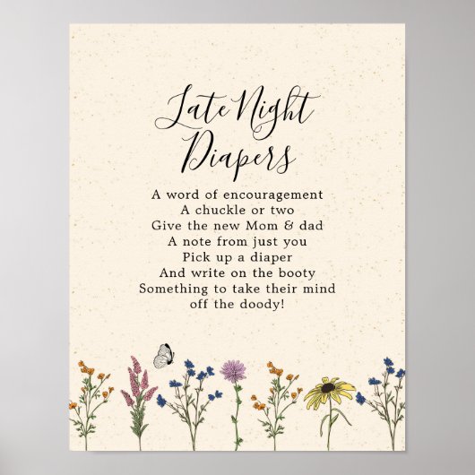 Vintage Wilde Bloem Baby Shower Late Nacht Luier Poster (Voorkant)