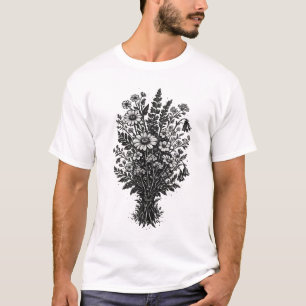 Vintage wilde bloemen linocut botanische bloem kun t-shirt